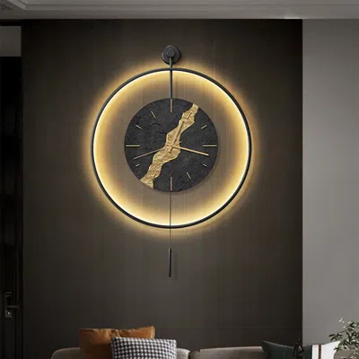 Homary Black & Gold Led Light Pendulum Wall Clock Metal Wall Art Silent Wall Clock