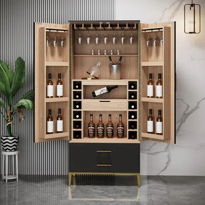 Homary Black Bar Cabinet With Door Modern Storage Home Bar Cabinet With Glass Rack&drawers In Brown
