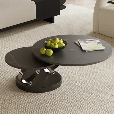 Homary Black Extendable Coffee Table With Ring-shaped Metal Pedestal