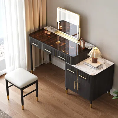 Homary Black Makeup Vanity Set With Lighted Mirror & Stool Mid Century Modern Dressing Table With Glass Top