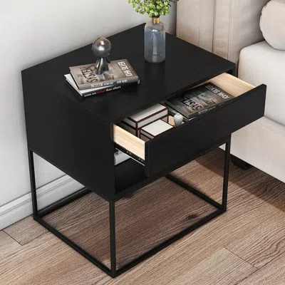 Homary Black Modern Nightstand With Drawer And Black Metal Base