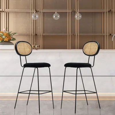 Homary Black Velvet Counter Stools Bar Stools (set Of 2) With Rattan Back For Kitchen Island