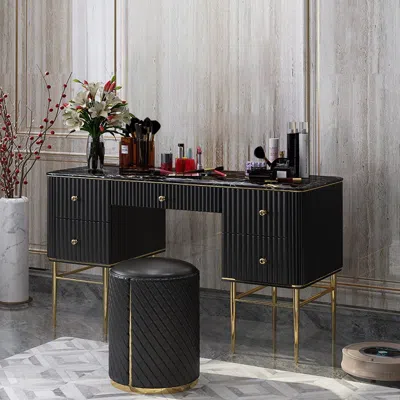 Homary Bline Black Makeup Vanity Table Marble Dressing Table With Drawers Gold Stainless Steel