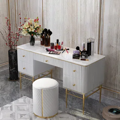 Homary Bline White Makeup Vanity Table Marble Dressing Table With Drawers Gold Stainless Steel