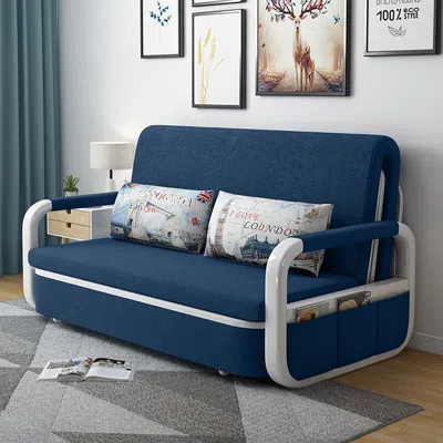 Homary Blue Sleeper Sofa Bed Loveseat Cotton & Linen Upholstered With Solid Wood Frame