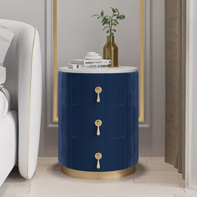 Homary Blue Velvet Nightstand Set Of 2 With Storage Round Nightstand With 3 Drawers Stone Top