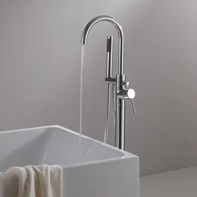 Homary Brewst Floor Mount Tub Filler Brass Freestanding Bathtub Faucet With Hand Shower Chrome In Silver