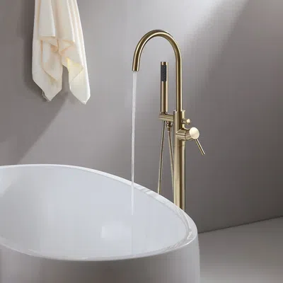 Homary Brewst Freestanding Single Handle Tub Filler Faucet With Handshower Brass Brushed Gold