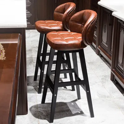 Homary Brown Rustic Upholstered Rustic Bar Stools Set Of 2 Pu Leather Tufted Curved Back