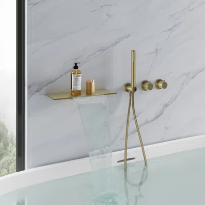 Homary Brushed Gold Brass Bathtub Faucet Wall-mounted Tub Filler Waterfall Design With Hand Shower