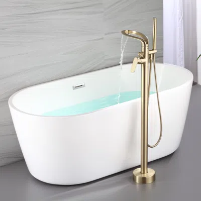 Homary Brushed Gold Freestanding Tub Filler Faucet 360° Swivel Waterfall Spout Design With Hand Shower