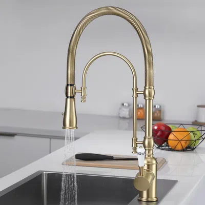 Homary Brushed Gold High Arc Kitchen Faucet Dual-mode Pull-down Sprayer Solid Brass Porcelain Handle Kitche