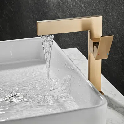 Homary Brushed Gold Ultra-thin Single Handle Waterfall Bathroom Vessel Sink Faucet Solid Brass