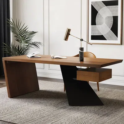 Homary Cabstract Executive Office Desk With One Floating Drawer Vintage Distressed Office Furniture (55") In Brown