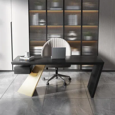 Homary Cabstract Modern Black & Gold Office Desk Writing Desk With Drawer Computer Desk (55")