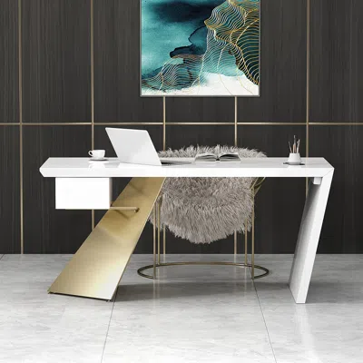 Homary Cabstract Modern White & Gold Office Desk Writing Desk With Drawer Computer Desk (55")