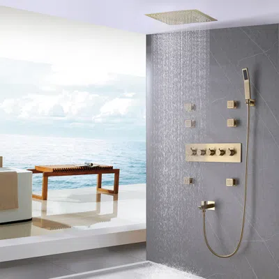Homary Ceiling-mounted 16" Shower System In Brushed Gold 4-function Thermostatic With Handheld Shower, And  In Gray
