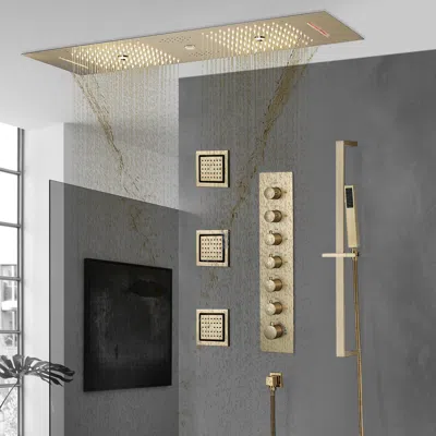 Homary Ceiling-mounted Shower Set System Gold Thermostatic Massage Remote Controlled Led Brushed 6 Function