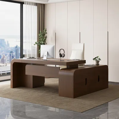 Homary Chicent Walnut L-shaped Modern Computer Desk With Cabinet & Ample Storage Left Hand Office Furniture In Brown