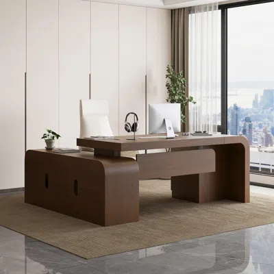 Homary Chicent Walnut L-shaped Modern Executive Desk With Ample Storage Right Hand Office Furniture (70.9'' In Brown