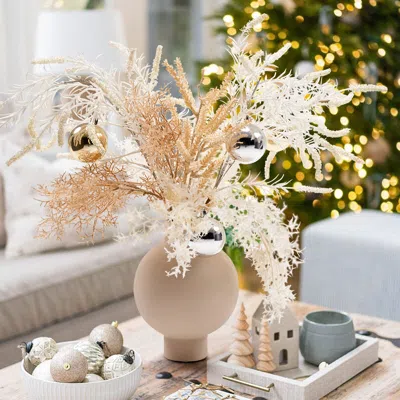 Homary Christmas Rime White Artificial Flower In Vase With Decorative Balls Centerpiece Fake Flower Decor In Neutral