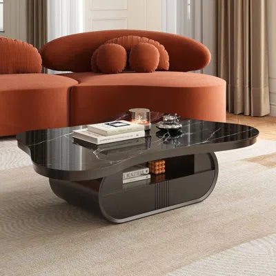 Homary Cloud Coffee Table Wood Irregular Sintered Stone Top In Black With Drawer Storage