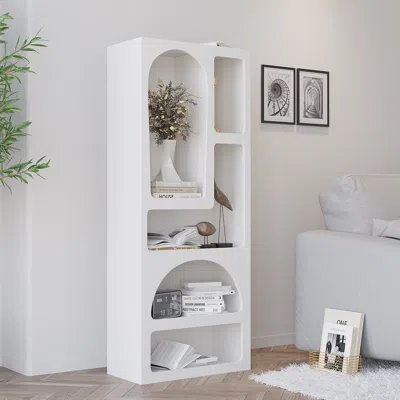 Homary Codiys 59.1" Art Deco White Arched Bookcase Tall Open Geometric Japandi Bookshelf Wood