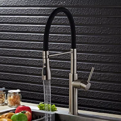 Homary Contemporary Single Hole 1-handle Kitchen Faucet Pull-out Spout In Brushed Nickel In Black