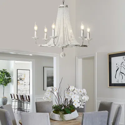 Homary Crylite French Country Candle-shaped 6-light Crystal Bead Strands Metal Wheel Chandelier In White