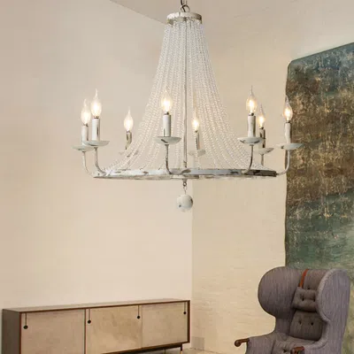 Homary Crylite French Country Candle-shaped 8-light Crystal Bead Strands Metal Wheel Chandelier In Silver