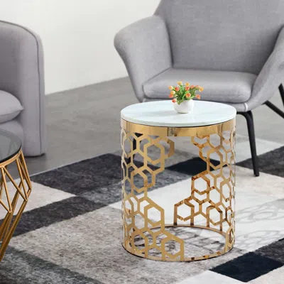 Homary Currs Gold Glam Round End Table With Marble Top Side Table In Gray