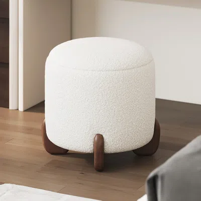 Homary Curva Boucle Vanity Stool With Lifted Top Storage Round Ottoman With Walnut Legs In White