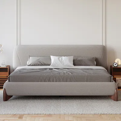 Homary Curva Modern Gray Cotton & Linen Platform Bed King Size Bed Frame With Upholstered Headboard