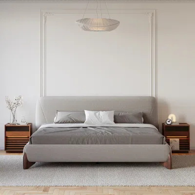 Homary Curva Modern Gray Cotton & Linen Platform Bed King Size Bed Frame With Upholstered Headboard & 2 Nig