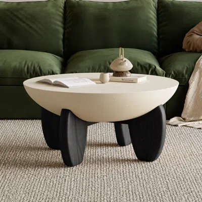 Homary Curva Round Small Modern Beige & Black Coffee Table Concrete & Wood Accent Table In White