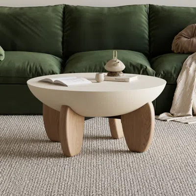Homary Curva Round Small Modern Beige & Natural Coffee Table Concrete & Wood Accent Table In Brown