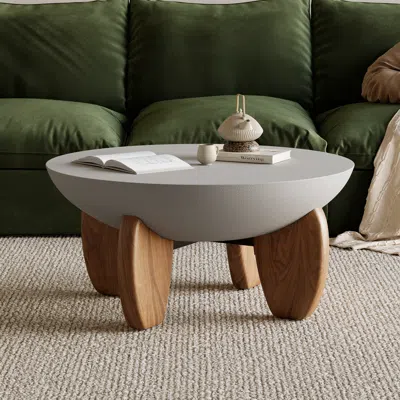Homary Curva Round Small Modern Gray & Walnut Coffee Table Concrete & Wood Accent Table