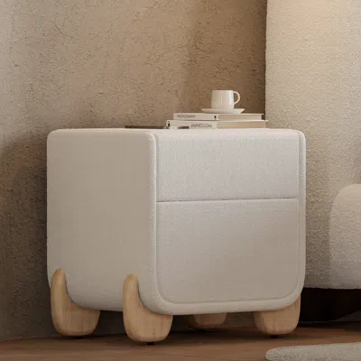 Homary Curva Smart Boucle Nightstand With Wood Legs 2-drawer Bedside Table In White Set Of 2