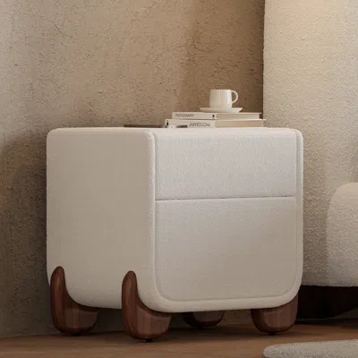 Homary Curva Smart Boucle Nightstand With Wood Legs 2-drawer Bedside Table In White Set Of 2