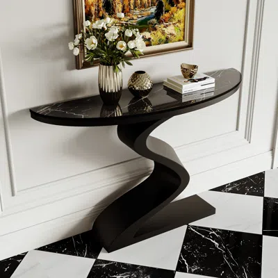 Homary Curved Console Table With Sintered Stone Top Half Moon Shape Entryway Furniture In Black (39.4" Wide