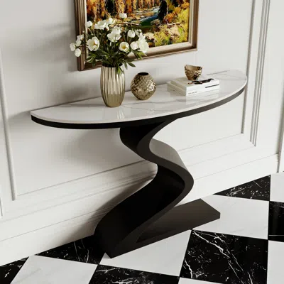 Homary Curved Console Table With Sintered Stone Top Half Moon Shape Entryway Furniture In White & Black (39