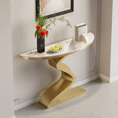 Homary Curved Console Table With Sintered Stone Top Half Moon Shape Entryway Furniture In White & Gold (39.