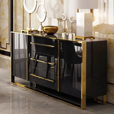 Homary Cylina 59" Glossy Black Buffet & Sideboard With 3 Drawers & 2 Doors
