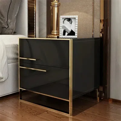 Homary Cylina Modern 2 Drawers Black Lacquer Nightstand Square Bedside Table In Gold Set Of 2