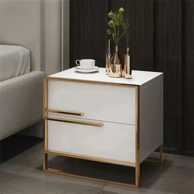 Homary Cylina Modern 2 Drawers White Lacquer Nightstand Square Bedside Table In Gold, Left In Yellow