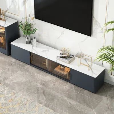 Homary Dark Gray Tv Stand Sintered Stone Top 4-drawer Glass Doors Media Console In Small In Blue