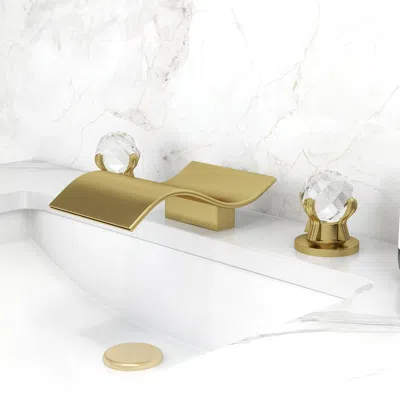 Homary Deck Mount Widespread Waterfall 2 Crystal Handle Bathroom Sink Faucet In Brushed Gold
