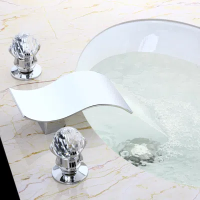 Homary Deck Mount Widespread Waterfall 2 Crystal Handle Bathroom Sink Faucet Solid Brass In Silver