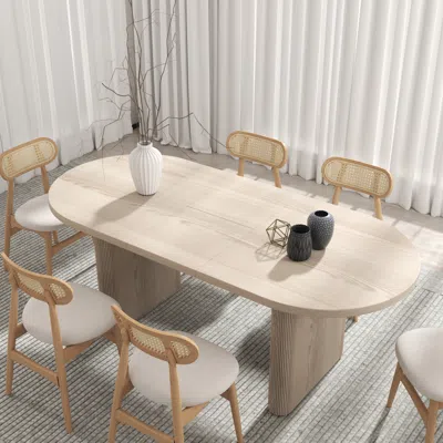 Homary Dining Set 63"-79" Japandi Oval Extendable Dining Table Whitewash With 6 Chairs In Brown