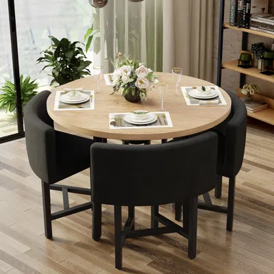 Homary Dining Table Set 39.4" Round Wood Dining Table & 4 Gray Upholstered Dining Chairs In Black